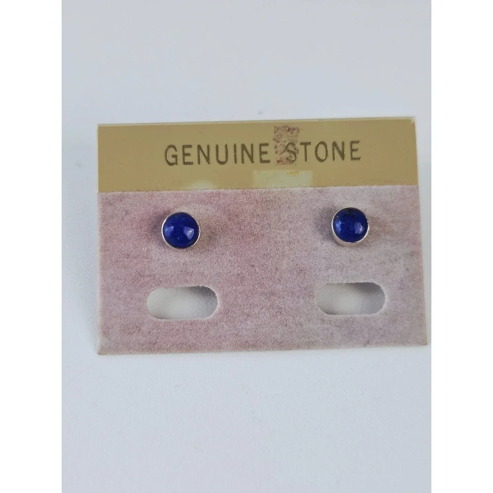 925 Sterling Silver Genuine Lapis Lazuli Round Cabochon Stud Earrings